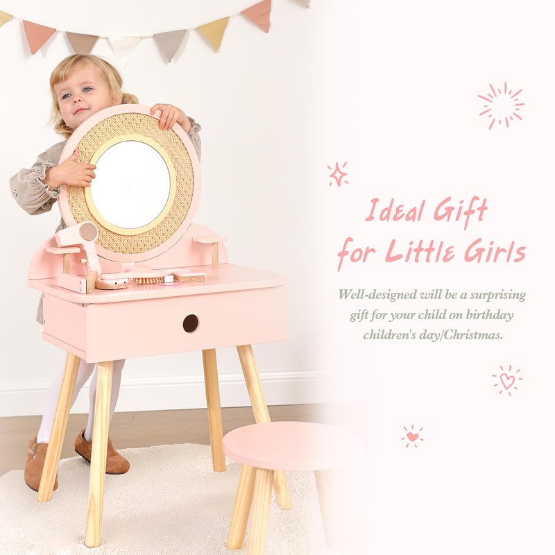 OOOK Kids Vanity Table and Chair Set, Pink Girls Vanity