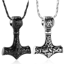 Nordic Viking Mjolnir Thor Hammer Cremation Jewelry for Ashes for Women Men Stainless Steel Celtic Knot Urn Necklace Pendant for Ashes Holder Keepsake Memorial Jewelry (2pcs-Silver/Black)