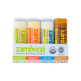 ZAMBEEZI Fair Trade, Organic Beeswax Lip Balm - Variety 4 Pack (Lemongrass, Tangerine, Suncare and Honeybalm) - Ethically Sourced