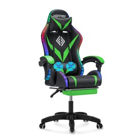 RGB Gaming Chair with LED Lights and Massage Ergonomic Computer Chair with Footrest High Back Video Game Chair with Adjustable Lumbar Support Linkage Armrest Green and Black