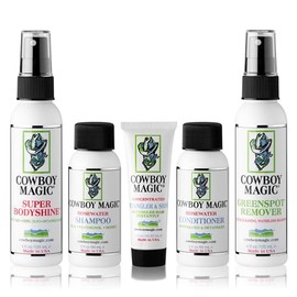 Cowboy Magic Sample Kit – Includes Rosewater Shampoo (2 oz), Rosewater Conditioner (2 oz), Super Bodyshine (3.4 oz), Greenspot Remover (3.4 oz), & Detangler & Shine (1 oz) – Perfect for Travel & Tack