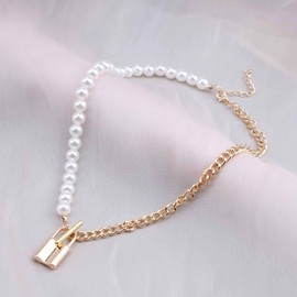 Cimenexe Punk Lock Pendant Necklace Large Pearl Choker Necklace Gold Curb Chain Necklace Vintage Toggle Necklace Choker Jewellery for Women and Girls