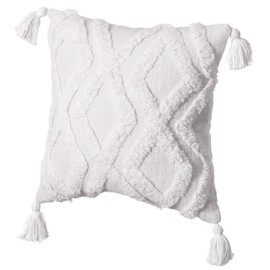 Deerlux 16" Handwoven Cotton Throw Pillow Cover with Large White Tufted Diamond Pattern and Tassel Corners, White