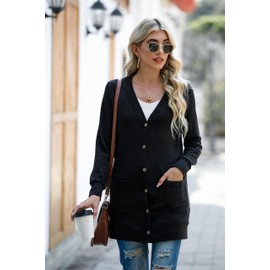 GRECERELLE Women's Lightweight Cardigan Long with Pockets and Buttons Long Elegant Cardigan V-Neck Button Placket with Pockets for Women, 01 Black Black
