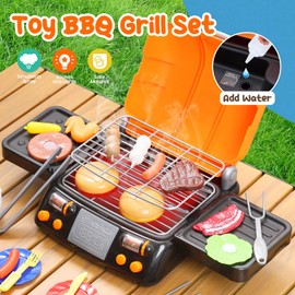 CUTE STONE Cooking Toy BBQ Set, 2 Layers Kids Grill Playset with Play Food, Pretend Smoke Sound and Light, Kitchen Accessories Utensils Toy, Outdoor Camping Barbecue Toys Gift for Toddlers Girls Boys