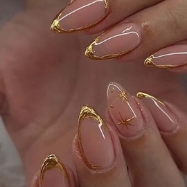 Foccna Press on Nails Short Almond Fake Nails False Nails with Gold Line Design Glue on Nails Acrylic Nails Glossy Full Cover Stick on Nails for Women 24Pcs