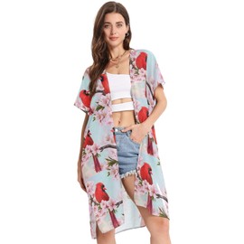 Kjovgcb Women's Swimwear Cover Ups, Short Sleeve Summer Beach Casual Loose Cardigans Kimono Swimsuit Coverups M Print Two Red Cardinal Bird on Branch Almonds Blossom Flowers