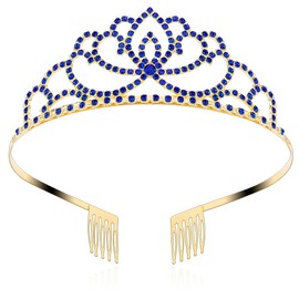FASOTY Gold Tiara Royal Blue Crystal Crown with Combs Elegant Princess Tiaras and Crowns for Women Girls Rhinestone Headband for Bridal Wedding Birthday Party Prom