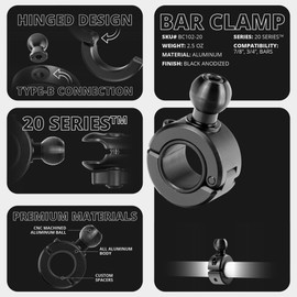 Tackform 20 Series BC1 Bar Clamp with 20mm Aluminum Ball | Billet Aluminum Clamp with Rubber Insert for 3/4" and 7/8" Bars ONLY | Black
