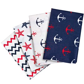 4 x Patchwork Cotton Fabrics, 50 x 40 cm, Nautical Design, Colours: Blue + White (Maritime (Pattern Large))