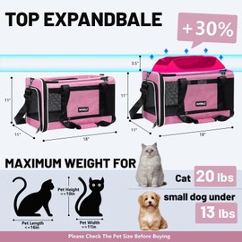 PAPZER Top-Expandable Cat Carrier 18x11x11, United Delta American Airline Approved Dog Travel Carrier, Soft-Sided Pet Carry Bag Under-Seat in Cabin, Puppy Airplane Crate TSA Plane Kitten Cage Pink