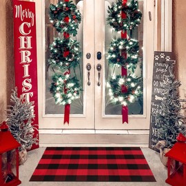 Christmas Rugs Red and Black Plaid, 4'x6' Area Rug Outdoor Indoor Front Porch Doormat Cotton Hand-Woven Layered Door Mats for Entryway Patio Entryway Laundry Bedroom Living Room
