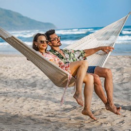 Lazy Daze Hammocks Handwoven Mayan Hammock, 10.5 FT Soft Rope Double Hammocks, Portable Outdoor Hammock with Carry Bag, 2 Straps & carabiners for Patio Outside, 550 lbs Weight Capacity, Natural