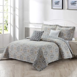 Home Soft Things Lanza Printed Microfiber Quilt Queen 90" x 90" 5 Piece Bedding Set with Matching Shams Pillows, Mustard Gray Blue Floral Design Reversible Bedspread Coverlet