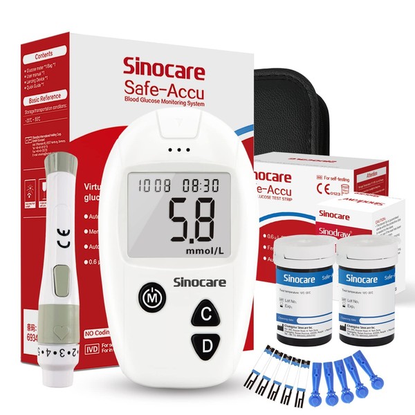 sinocare Safe Accu Diabetes Testing Kit, Blood Glucose Monitor, with Test Strips x 50 & Lancing Devices x 50 & Case, for UK Diabetics -in mmol/L