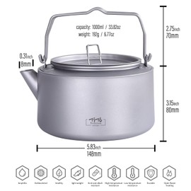 TiTo Titanium 1000ml/33.82fl oz Titanium Kettle with Folding Handle Filter Teapot Ultralight Portable Coffee Boil Water Pot for Outdoor Camping Hiking Travel Backpacking Drinkware (Matte)