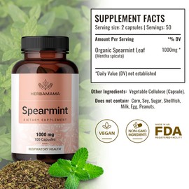 Spearmint 100 Capsules - 1000 mg - Organic Mentha Spicata Dietary Daily Supplement - Natural Support for Digestive & Respiratory Function - for Stress Relief - Vegan, Non-GMO