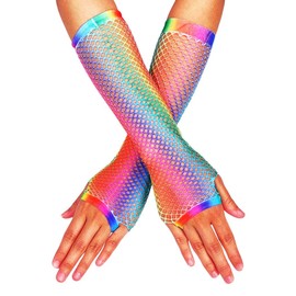 GEMILY Fingerless Glove Rainbow Fishnet Long Fashion Gloves Elastic Rave Party Cosplay Gloves Accessories for Women and Girls(Rainbow-1)