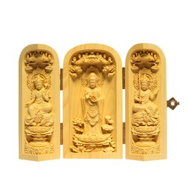 Buddha Statues, Three Kai Buddha Kwan-yin Statues, Carved Wood, Mini Buddhist Altar, Buddha Box, Buddhist Figurine, Height 3.9 x Width 5.1 inches (10 cm) x Width 5.1 inches (13 cm) x Depth 2.2 inches (5.5 cm)) 【Shroukeshi · TheChanger】