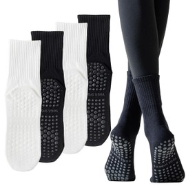 Yoga Pilates Non Slip Grip Socks for Women (4 Pairs) Non Skid Gripper Crew Socks for Yoga Hospital Pilates Barre Home (Cotton, 4)