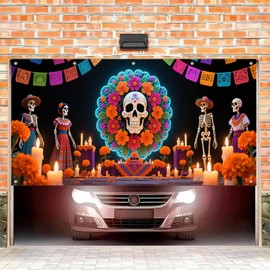 HOMETITUTE Sugar Skull Garage Door Banner for Dia de Los Muertos 13x6ft Vibrant Festive Papel Picado Ofrenda Wall Background Photo Background Mural Decorations Outdoor Indoor Party Decorations