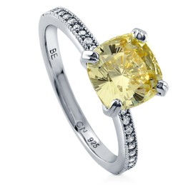 BERRICLE Sterling Silver Solitaire Wedding Engagement Rings 3 Carat Canary Yellow Cushion Cut Cubic Zirconia CZ Ring for Women, Rhodium Plated Size 6