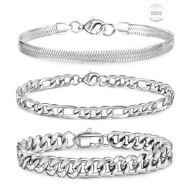 Rajputana 3-Piece Chain Bracelet for Men and Women, S925 Sterling Silver, Cuban, Herringbone, Figaro, Link Chain, Bracelet Set, Jewellery Gifts, 16.5/17.5/19/21/23 cm, Sterling Silver, No gemstone
