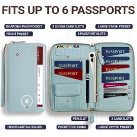 Apadi Family Passport Holder with AirTag RFID Passport Wallet Leather Travel Wallet Womens with Zipper Multiple Travel Document Organizer Holder for 4 6 Passport Cover Case Porta Pasaporte Familiar