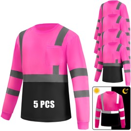 WPLM Hi Vis Long Sleeve Reflective T Shirts Safety Work Shirts Black Bottom Fast Dry for Men Pink L 5PCS