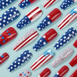 Independence Day Press on Nails Long Square Fake Nails Red Blue Star Stripe Design 4th of July False Nails Glitter Stick on Nail Gradient Glue on Nail for Women Holiday Decoration Art Nail Supplies