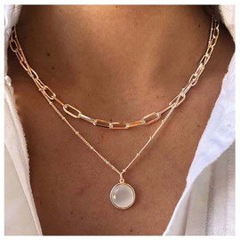 Cimenexe Bohemian Layered Opal Choker Necklace Round Moonstone Pendant Necklace Chain Gold Paperclip Link Chain Necklace Punk Paperclip Necklace Jewelry for Women and Girls Gifts