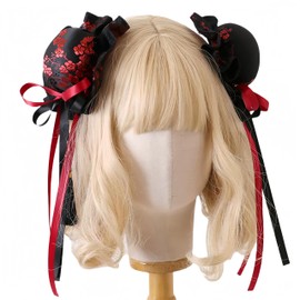 Kuroobaa Bun Cover, China Bun, Cotton Padded, Bun Hair, China Lolita, Halloween Cosplay (Black + Red Pattern)