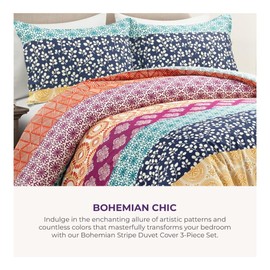 Lush Decor Bohemian Stripe Reversible Cotton Duvet Cover Set, 3 Piece Set, Full/ Queen, Fuchsia & Orange - Boho Bedding Set - Bold & Colorful - Striped Duvet Cover - Maximalist & Boho Bedroom Decor