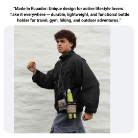 T1-GR Fabric Water Bottle Carrier – Includes Coin Pouch + 3D & Waterproof Sticker Packs, Adjustable Strap – Kit for Travel, Gym, Beach, Hiking, Walking, Biking & Daily Adventures (Gray)