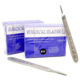 MuskalMed 200PCs Dental Grade Stainless Steel Sterile Blades #11 with Free 2 Graduated Scalpel Handle #3 Sizes Individually Wrapped High Carbon Steel Dermablade Blades