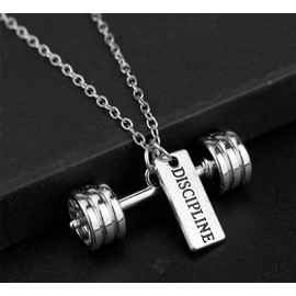 stylesilove Unisex Antique Silver Weight Lifting Fitness Sports Charms Dumbbell & Discipline Pendant Necklace, Set of 2