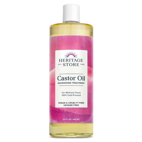 HERITAGE STORE Castor Oil, Cold Pressed, Rich Hydration for Vibrant Hair & Skin, Bold Lashes & Brows, No Hexane (32 Fl Oz)