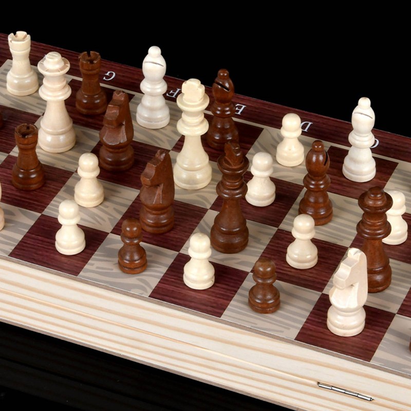 3 In 1 Wooden Chess Checkers Backgammon Set Portable Wooden