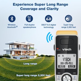 VTech IS8151-2 Super Long Range 2 Handset DECT 6.0 Cordless Phone for Home with Answering Machine, 2300 ft Range, Call Blocking, Bluetooth, Headset Jack, Power Backup, Intercom, Expandable to 12 HS