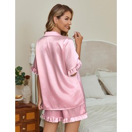 Ekouaer Silk Satin Pajamas for Women Print 2 Piece Button Down Pjs Shorts Set Ruffle Sleepwear,Pink White Stripes,M