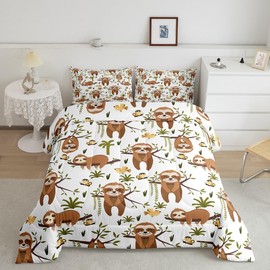 Sloth Comforter Set Full Size, Cartoon Sloth Comforter Set Kawaii Animals Comforter Kids Toddler Botanical Branches Duvet Set with 2 Pillow Case