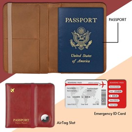 2 Pack Airtag Passport Holder,Passport Wallet with RFID Airtag Slot for Women Men, Family Leather Passport Cover Protector Anti-Lost Travel Essentials (Brown+Red)