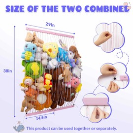 Qiannhee 29" Extra Wide Stuffed Animal Hammock - Kids Corner Toy Organizer Net, Solid Wood Wall Hanging Storage for Plush Toys, Create Zoo Display in Bedroom, Nursery & Playroom (Pink)