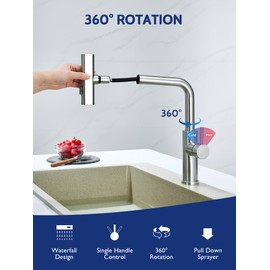 Kitchen Faucet with Pull Down Sprayer,Brushed Nickel Waterfall Single Hole Single Handle Kitchen Sink Faucet with Pull-Down Sprayer for Rv Camper Kitchen
