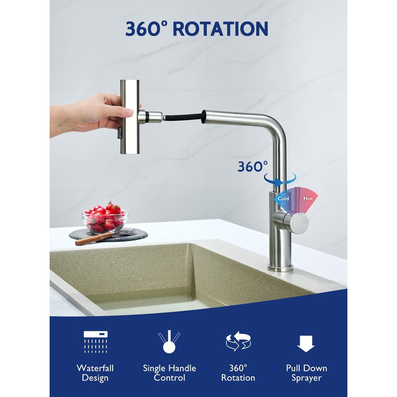 Kitchen Faucet with Pull Down Sprayer,Brushed Nickel Waterfall Single Hole
