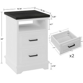 LIKIMIO Farmhouse Nightstand with Storage Drawers and Open Shelf, Small End Tables Living Room, Rustic Wood Side Tables for Bedroom, Roman Column Design, White