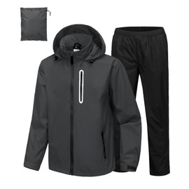 SWISSWELL Men's Waterproof Golf Rain Suit Rain Gear Jacket and Pant 2 Pieces Packable Lightweight Hooded Raincoat Light Grey Jacket Black Pants XL
