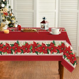 Horaldaily Christmas Tablecloth 60×140 Inch, Poinsettia Red Washable Table Cover for Party Picnic Dinner Decor