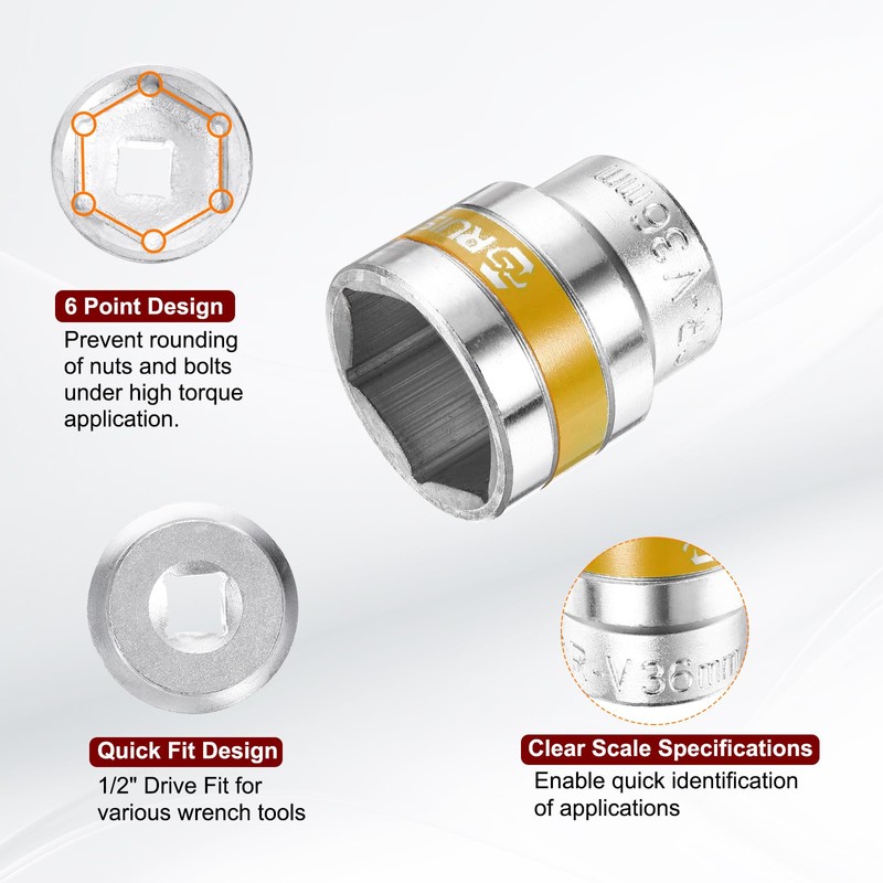sourcing map 2pcs 1/2" Drive 6 Points Socket 36mm Metric