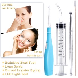 Nuanchu Tonsil Stone Removal Set Includes 1 Stainless Steel Tonsil Stone Removal Tool, 1 Tonsil Stone Remover with LED Light, 100 Long Swabs and 1 Curved Irrigator Syringe to Get Rid of Bad Breath (Blue)
